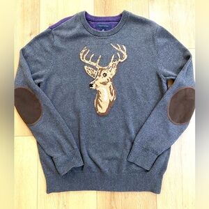 Tommy Hilfiger Sweater Men’s Size L Gray Purple Deer Motif Elbow Patches Vintage